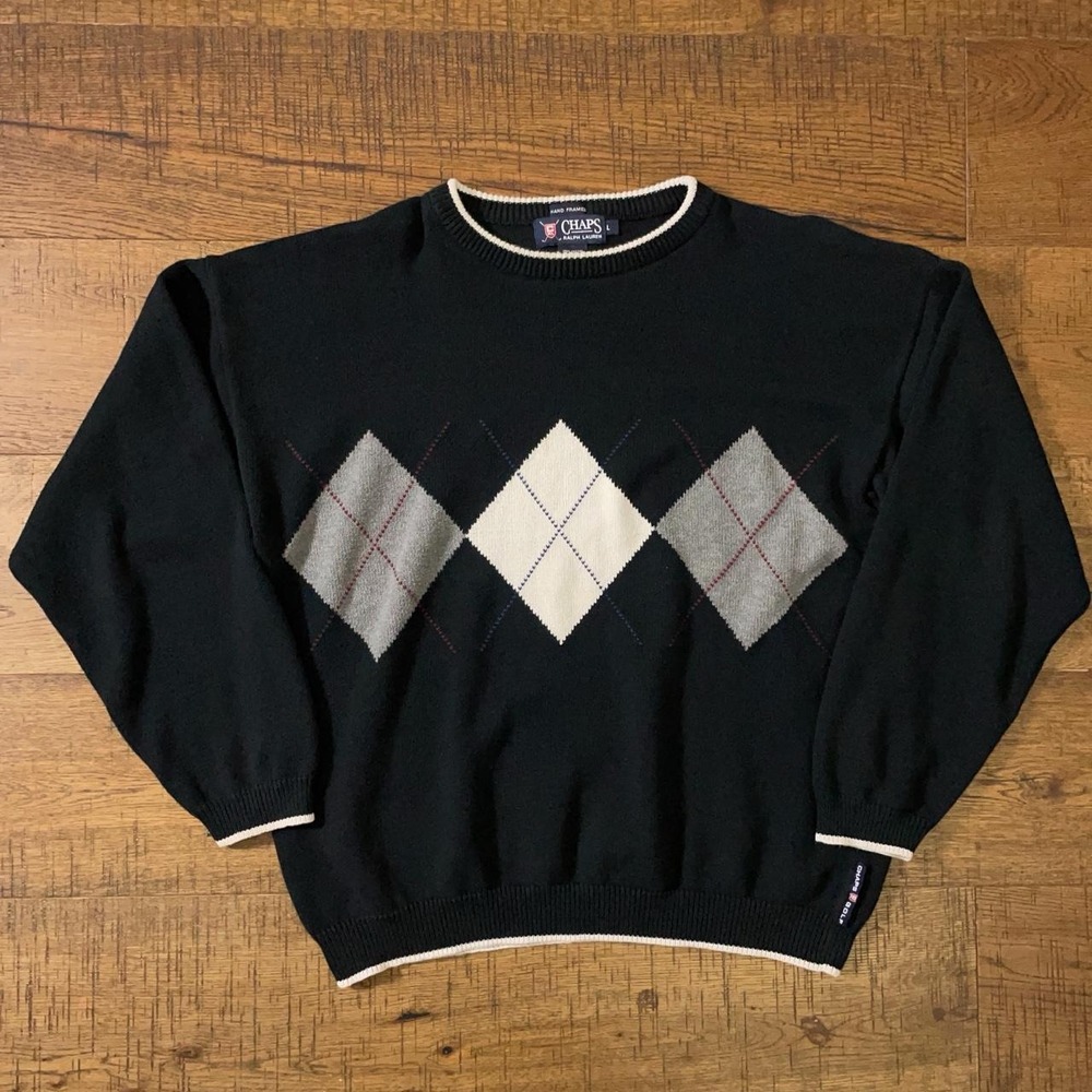 Chaps Ralph Lauren Argyle Sweater Mens L Black Preppy Dark Academia Golf G3112